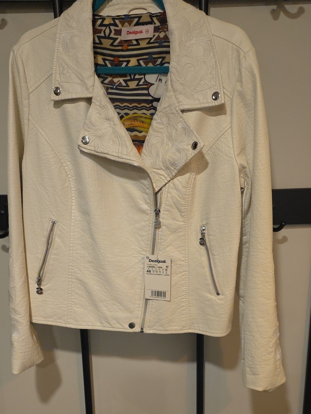 Desigual Cream Faux-Leather Biker Jacket with Embroidered Lapel